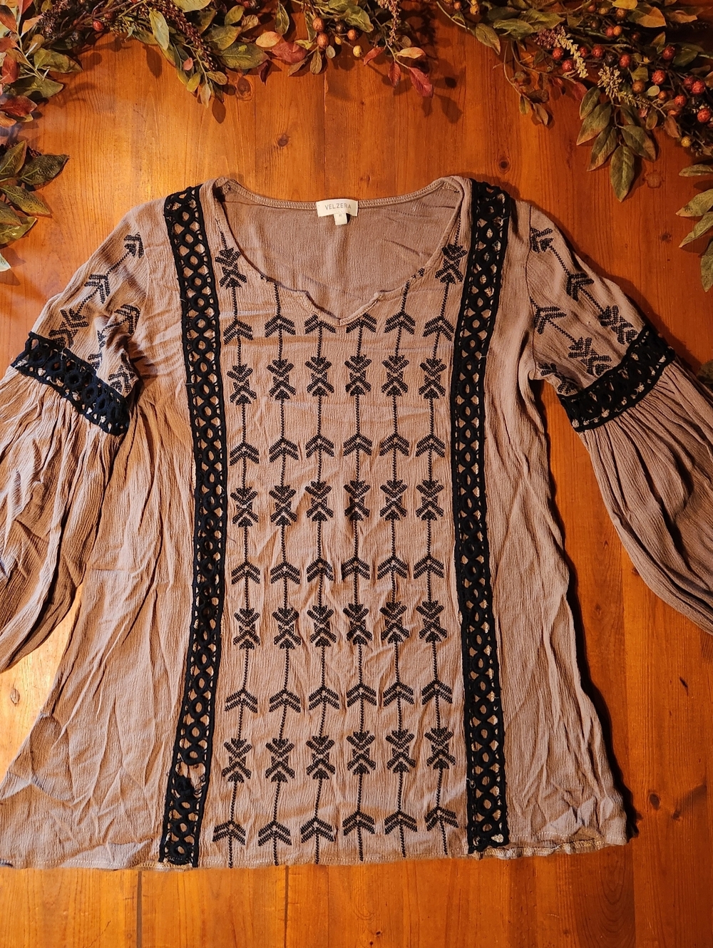 Velzera Boho Embroidered Long-Sleeve Top in Taupe with Black Trim, Medium